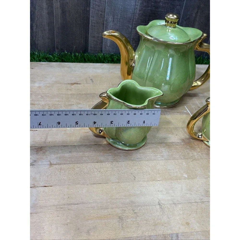Vintage Pearl China Lime Green Lusterware Tea Set 22K Gold Teapot Creamer Sugar